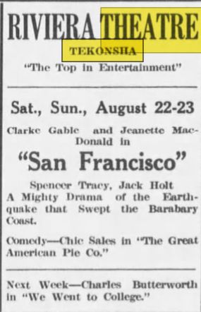 Aug 20 1936 article Riviera Theater, Tekonsha
